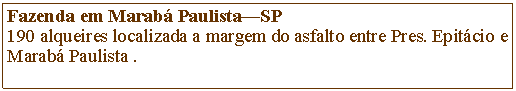 Caixa de Texto: Fazenda em Marab PaulistaSP190 alqueires localizada a margem do asfalto entre Pres. Epitcio e Marab Paulista .